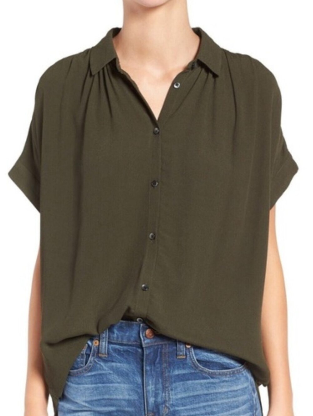 Madewell Olive Drapey Short-Sleeve Button-Down Shirt